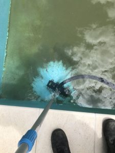 Dirty swimming pool in the process of being cleaned by Andy's Water Tank Clean Services